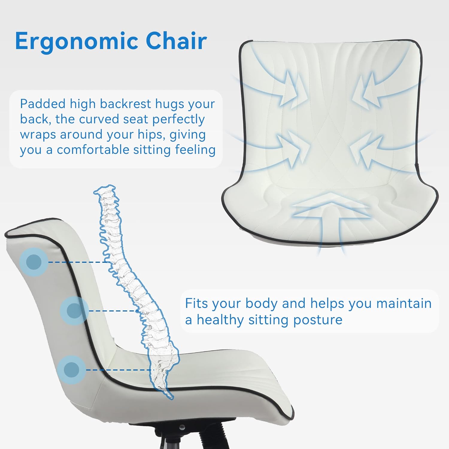 YOUNIKE Office Chair, Armless Desk Chair with Wheels, Home Office Computer Task Chairs, Modern Faux Leather Upholstered Vanity Chair, Adjustable Swivel Rocking Office Chair with Back, White - Image 6