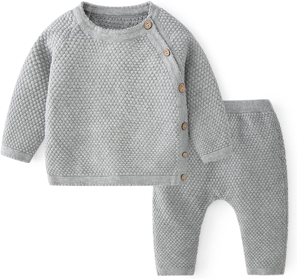 100% Cotton Knit Infant Baby Sweater and Pants Set, Unisex Newborn Boys Girls Outfit Long Sleeve Warm Clothes Newborn Gifts