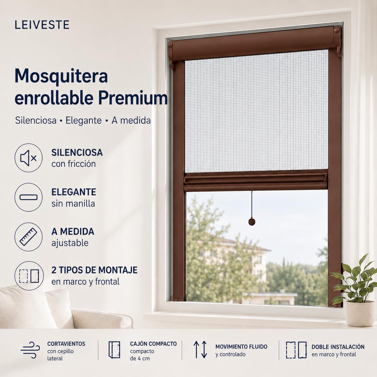 LEIVESTE - Mosquitera enrollable reducible para ventanas, montaje fácil y rápido, red de fibra de vidrio, estructura de aluminio, varios tamaños y colores, color marrón, 140 x 160 cm