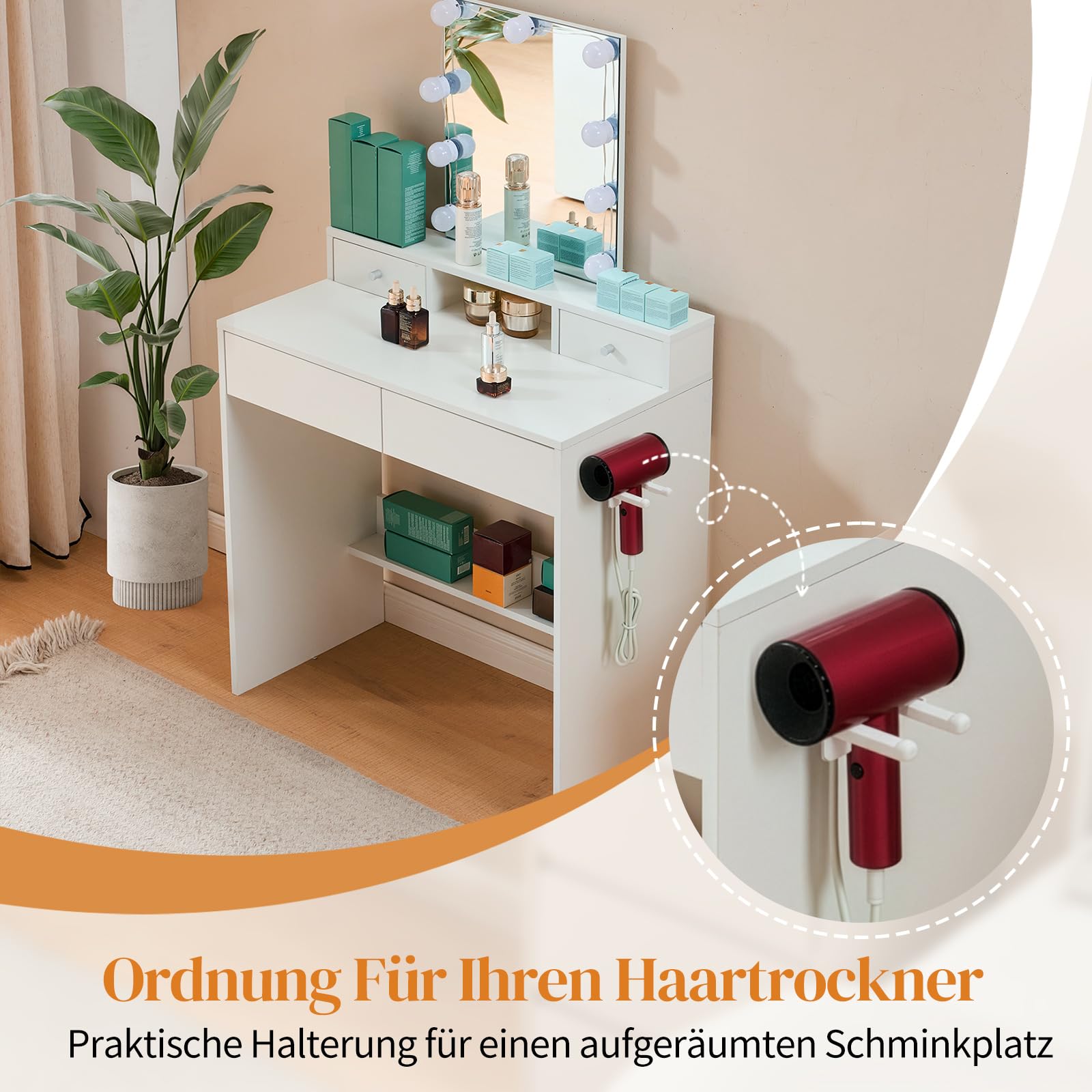 LEADZM Schminktisch mit Beleuchtung & Spiegel (Weiß, 80x40x130 cm)