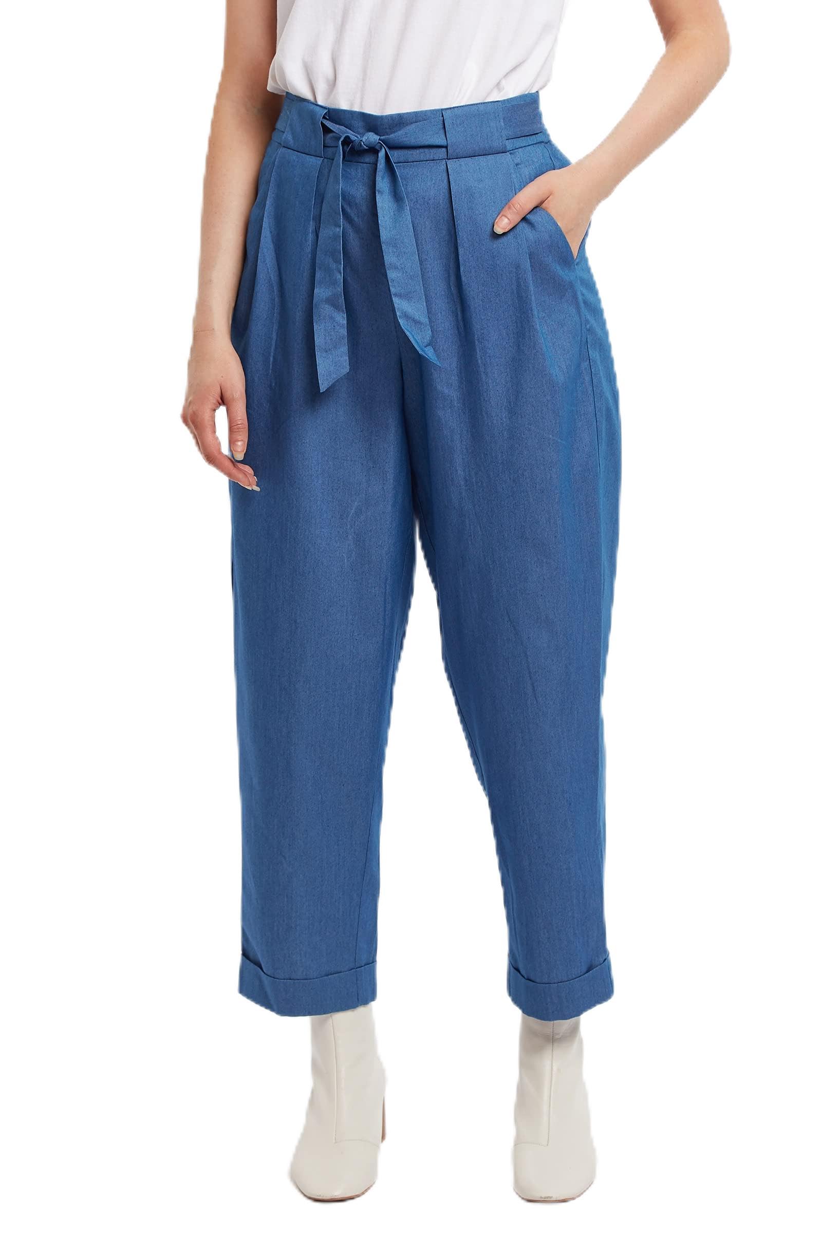 Louche Hester Chambray mom fit Trouser with tie Front, Navy, Size 8