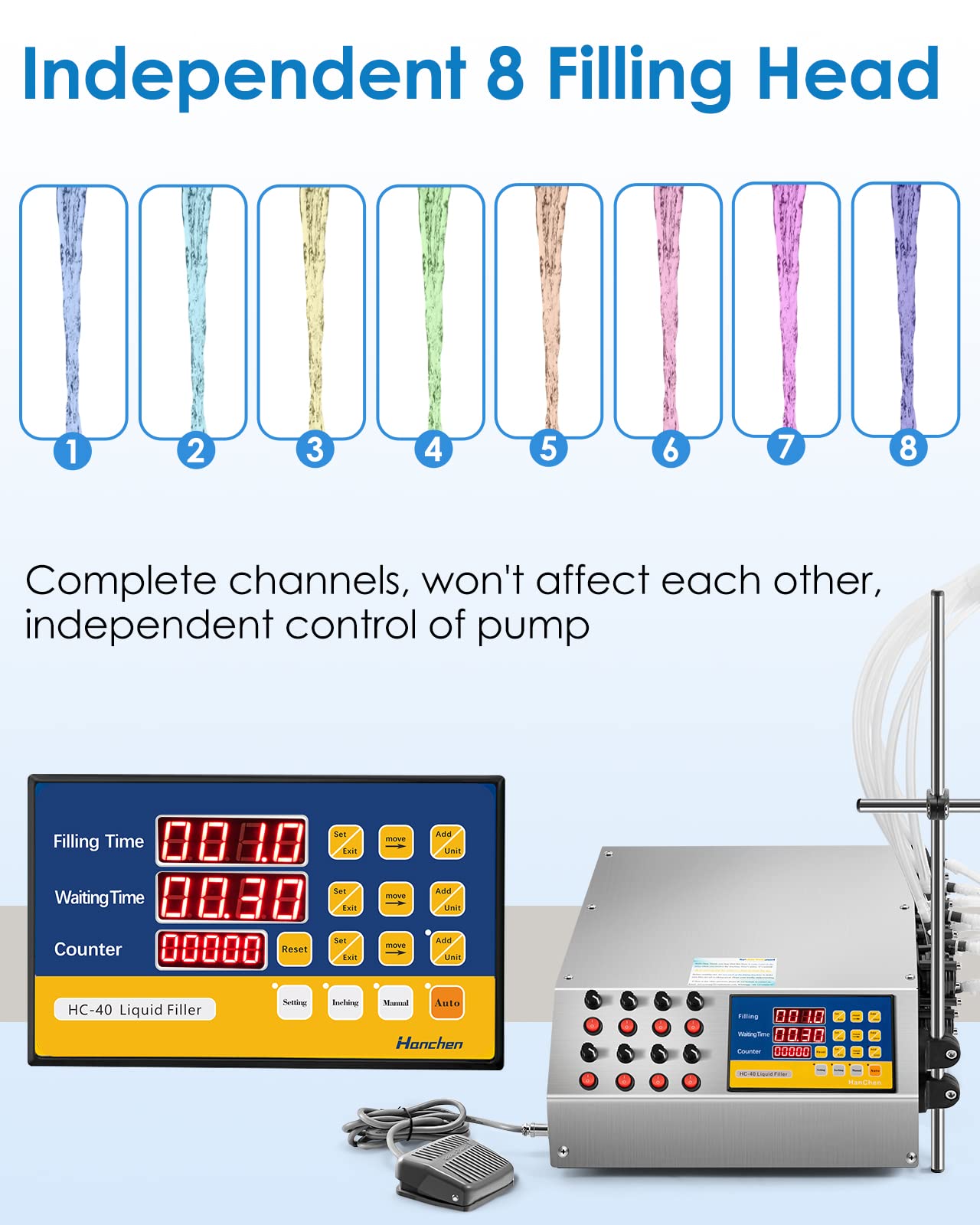 Hanchen 8 Head Liquid Filling Machine Filler with Peristaltic Pump Corrosion Resistance Heat Resistance for Nutrient Solution Biological Agent Chemical Industry 0~700ml/min (110V)