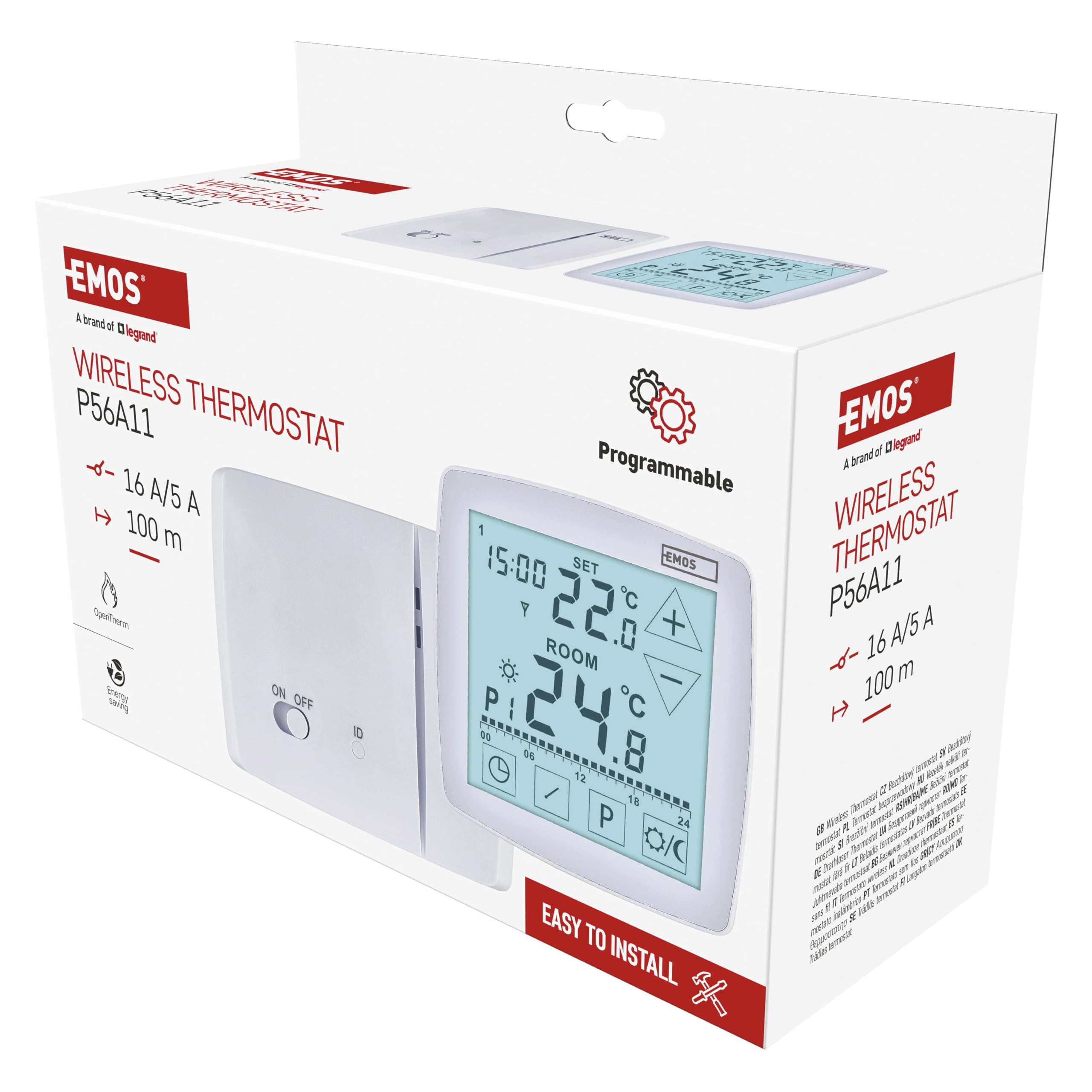 EMOS cyfrowy termostat pokojowy z OpenTherm - programowalny - przenośna jednostka sterująca z dotykowym sterowaniem - systemy ogrzewania i chłodzenia - regulacja temperatury 7-30°C - tryb wakacyjny