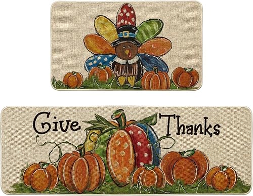 Artoid Mode Juego de 2 tapetes de cocina de pavo y calabaza de Acción de Gracias, decoración del hogar, alfombras de cocina de bajo perfil para