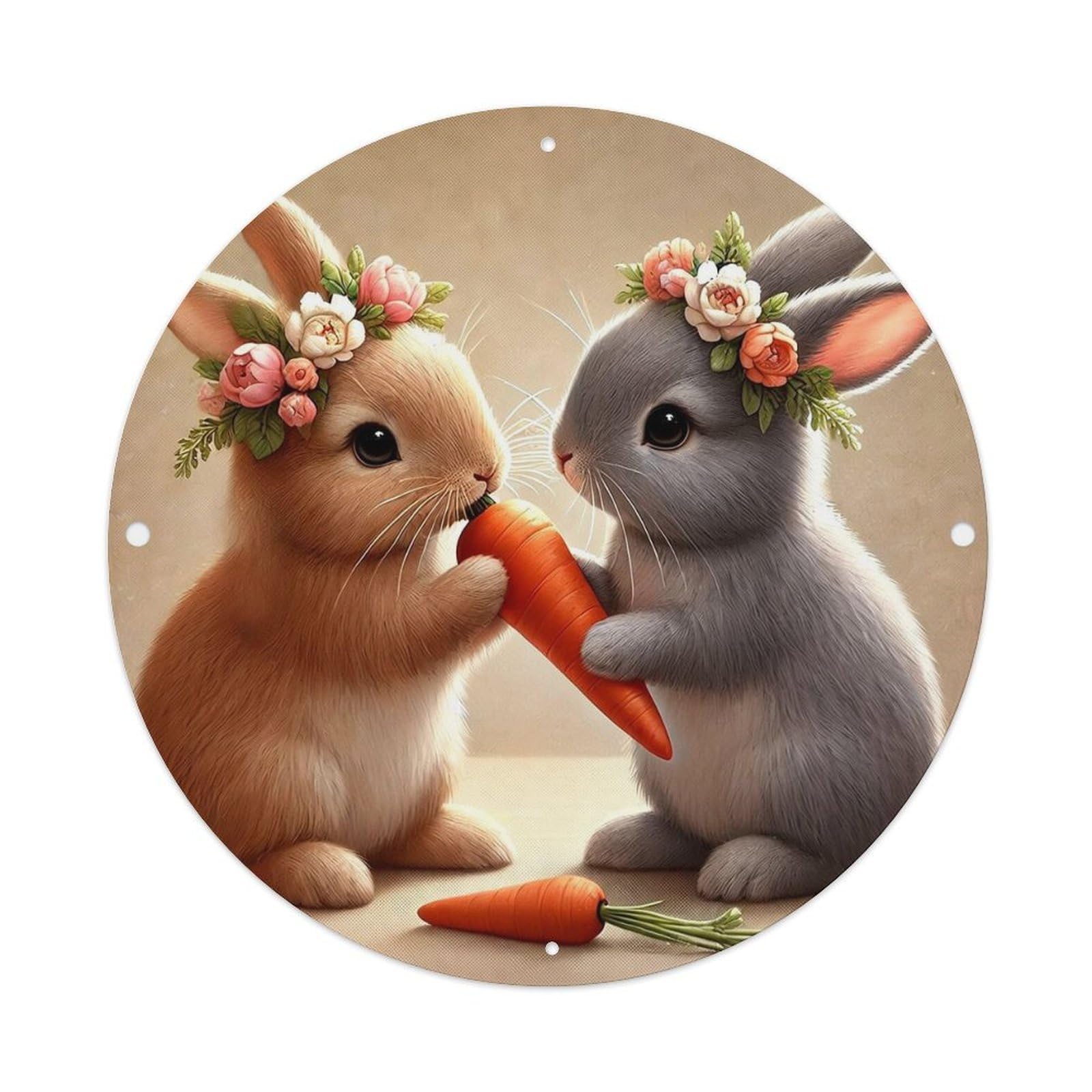 Bunny Carrot Floral Crown Cute Vintage Round Tin Sign Retro Metal Wall Decor Metal Poster, Home Bar Garage Cafe Wall Art Decoration 8x8Inches