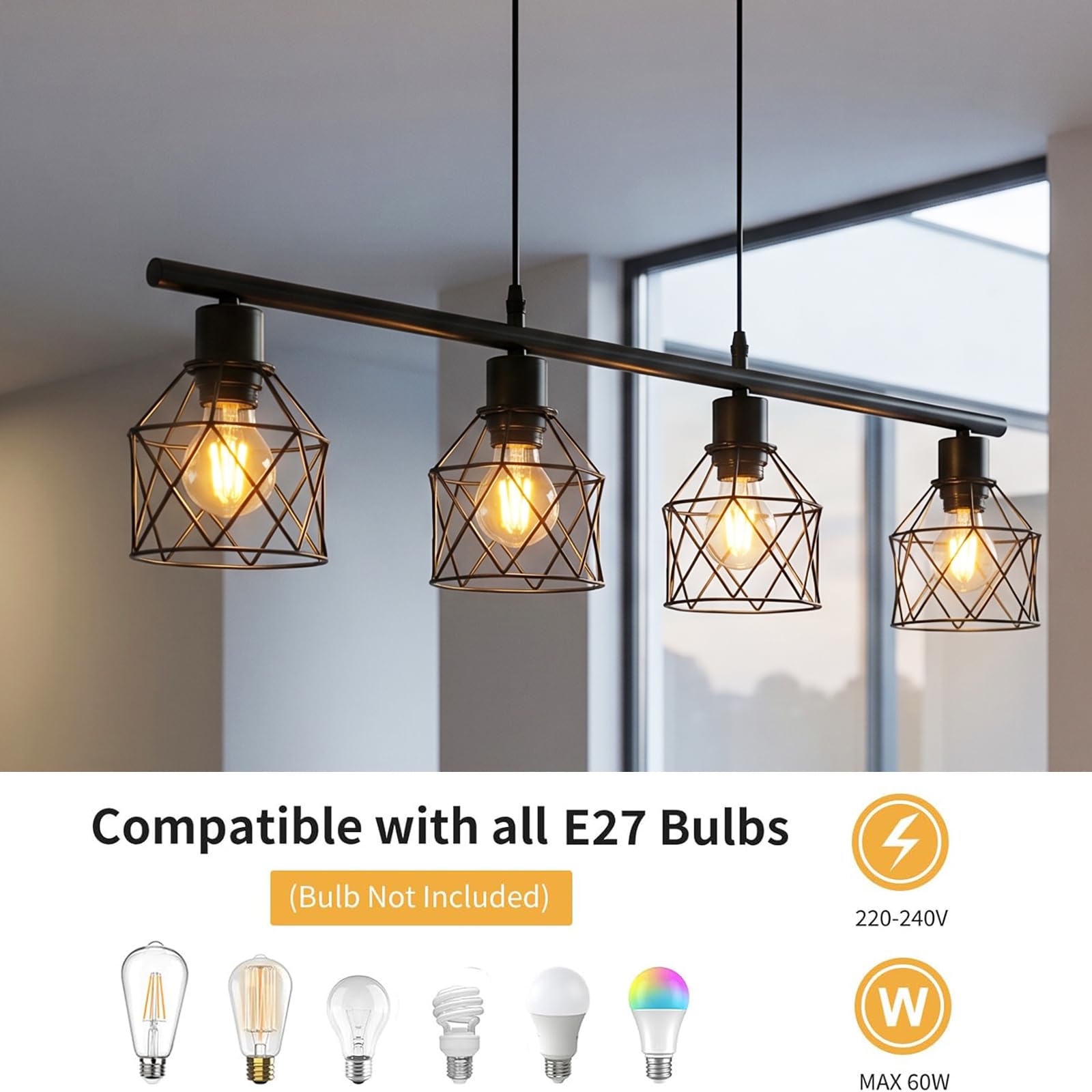 Lampadario a Sospensione Vintage Industriale, 4 Luci Lampada da Soffitto in Metallo E27, Lampada a Sospensione Retrò per Cucina a Isola e Tavolo da Pranzo, Nero, 75 x 13 x 140 cm
