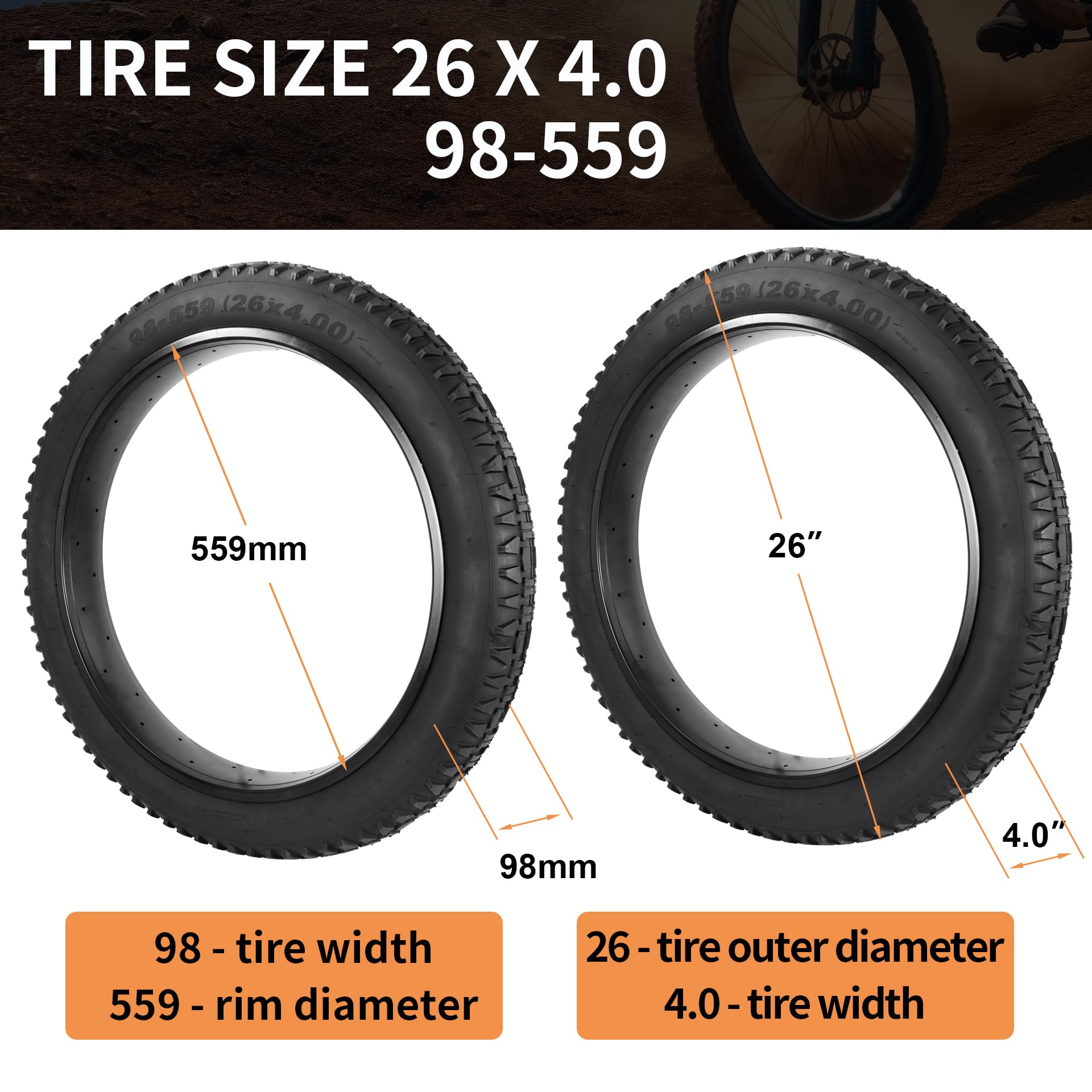 Pneu et Chambre à air Fat 26x4.0 pour vélo électrique - Lot de 1 - Noir | Pneu de vélo pliable haute performance résistant à l'usure 26 x 4, bande de roulement tout-terrain, diverses pièces pratiques