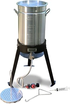 Bayou Classic 200-490 30-qt Aluminum Turkey Fryer Kit Features 30-qt Aluminum Stockpot w/Lid Lift Hook and Rack 1-oz Seasoning Injector 12-in Fry Thermometer 19-in Tall Steel Cooker w/ 4-in Burner