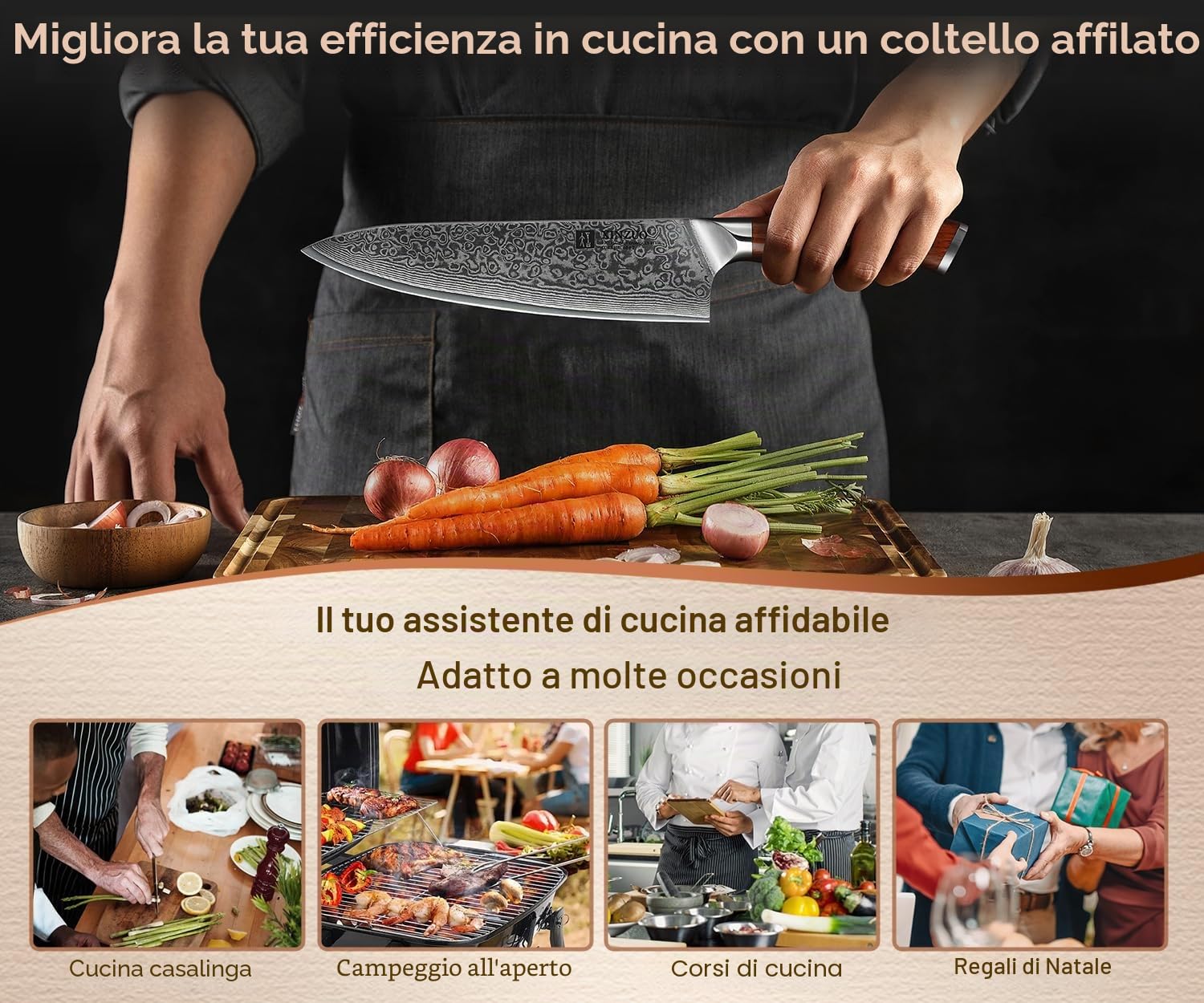 XINZUO Coltello da Chef 21cm Professionale Gyuto 10Cr15CoMoV Acciaio Damasco Manico Legno di Rosa