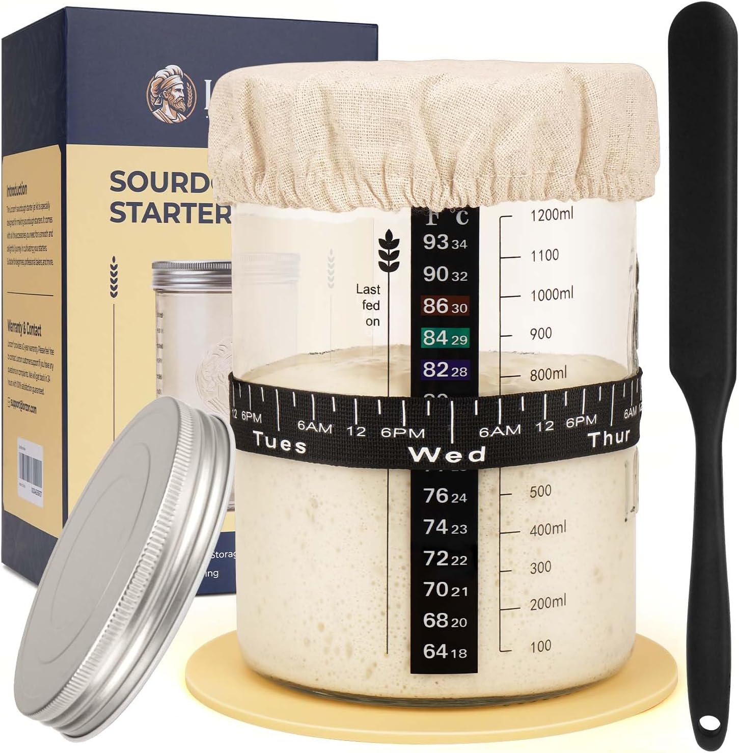 Sourdough Starter Jar Kit - 47 oz Large Wide Mouth Bread Starter Jar with Feeding Tracking Band, Silicone Spatula, Sourdough Bread Baking Supplies