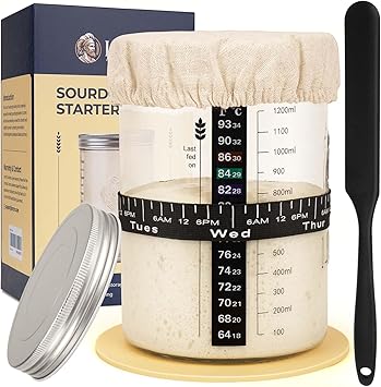 Lorzon Sourdough Starter Jar Kit - 47 oz Large Wide Mouth Bread Starter Jar with Feeding Tracking Band, Silicone Spatula, Sou