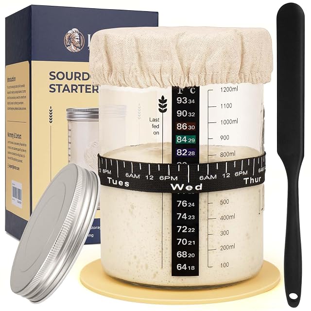 Sourdough Starter Jar Kit - 47 oz Large Wide Mouth Bread Starter Jar with Feeding Tracking Band Silicone