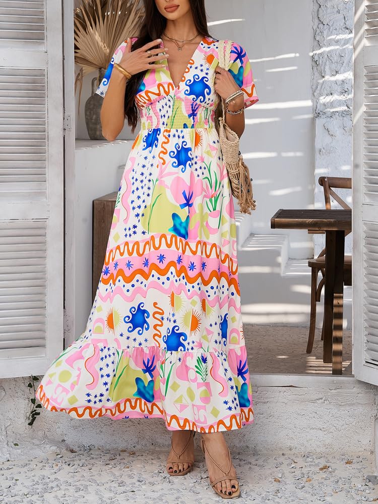 Image of Boho Floral Maxi Dress for Women 2026 Empire Waist Short Sleeve Dresses Summer Beach Vacation Wedding Guest Outfit