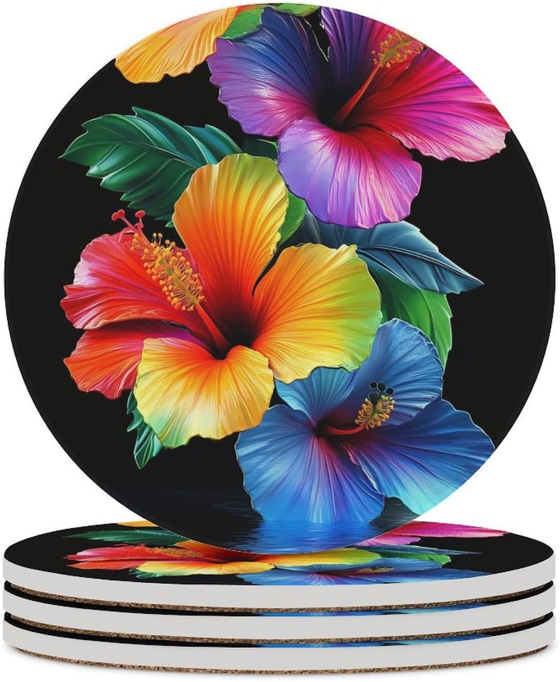 Colorful Hibiscus Flowers Funny Round Ceramic Coasters for Drink Absorbent Cup Holders Tabletop Protection