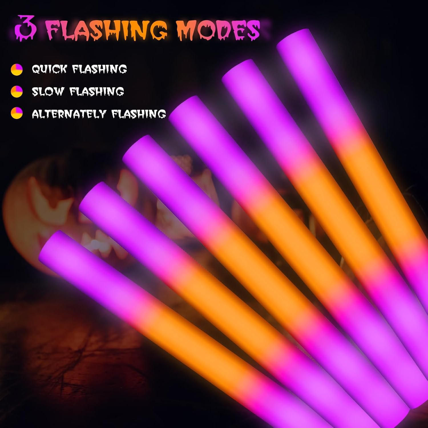 Retisee 24 Pcs 16 Inch Halloween Glow Sticks Bulk LED Foam Sticks Orange and Purple Light up Party Favors Glow in the Dark Light Sticks with 3 Flashing Modes for Birthdays Weddings Raves Concerts