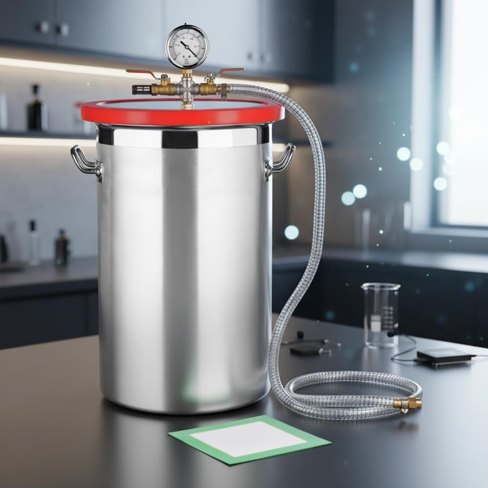Mucola Vakuumkammer 27,7 Liter Edelstahl 280x450mm – Entgasungskammer mit Acryldeckel und Messing-Kugelventilen | für Harze, Silikone, Epoxid, Schmuckherstellung, Formenbau und Lebensmittel