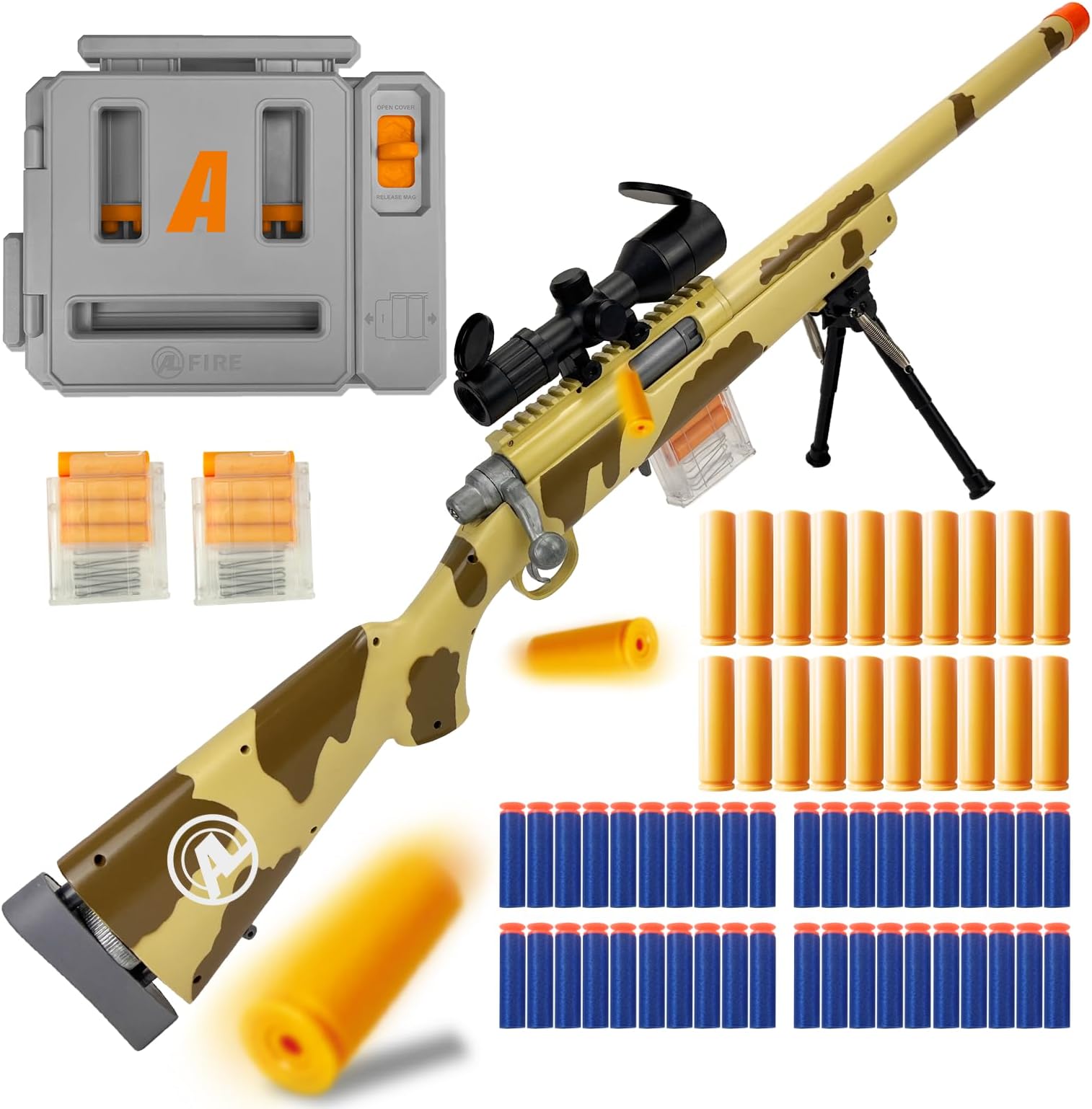 M24 Foam Blaster, Shell Ejecting, Safety Switch, Adjustable Stock 41.8 Inch, Fast Dart Loader, Scope, 40 Darts, 20 Casings, 2 Mags, Tactical Gear for Teens 14+ Adults(Yellow)