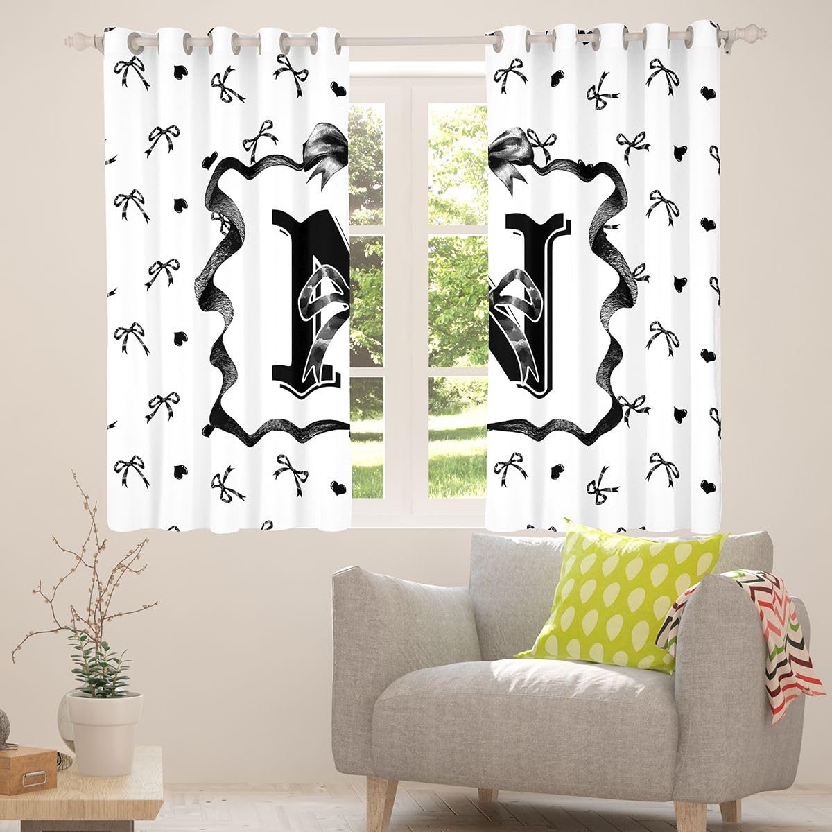 Homewish Litera N kokardki zasłony okienne 132 x 160 cm 2 zestawy paneli - czarno-biała kokarda zasłony zaciemniające czarna muszka ozdoby okienne zasłony dziewczęce kokarda węzeł do sypialni