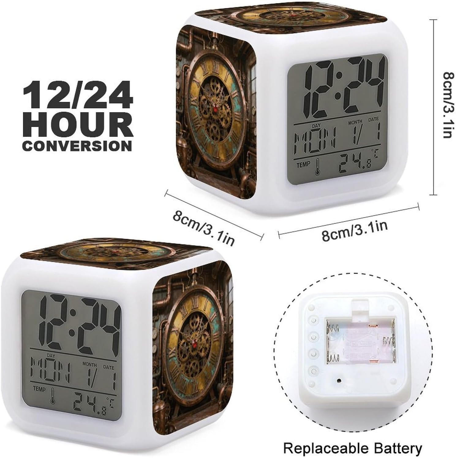 Night Light Alarm Clock, 7 Color Changing, Vintage Clock Mechanism image 3