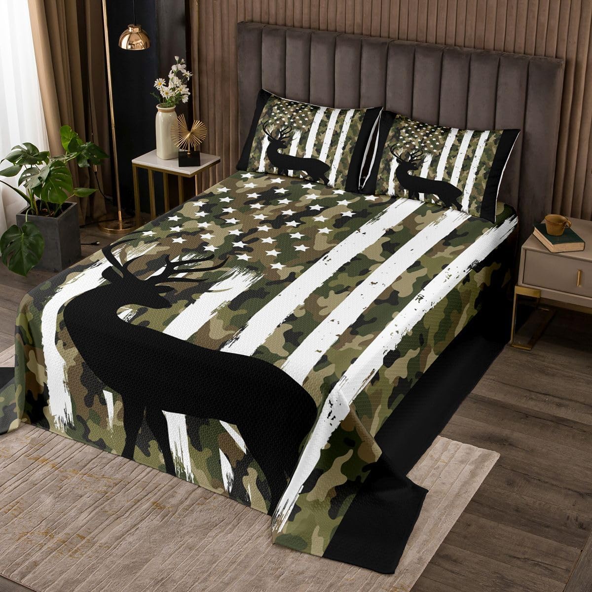 Erosebridal Camo American Flag Quilt Set,Black Deer Silhouette Coverlet Set Natural Style Bedspread Set Twin Size with 1 Pillowcase,USA Flag Green Camouflage Bed Cover for Kids Boys Home Bedroom
