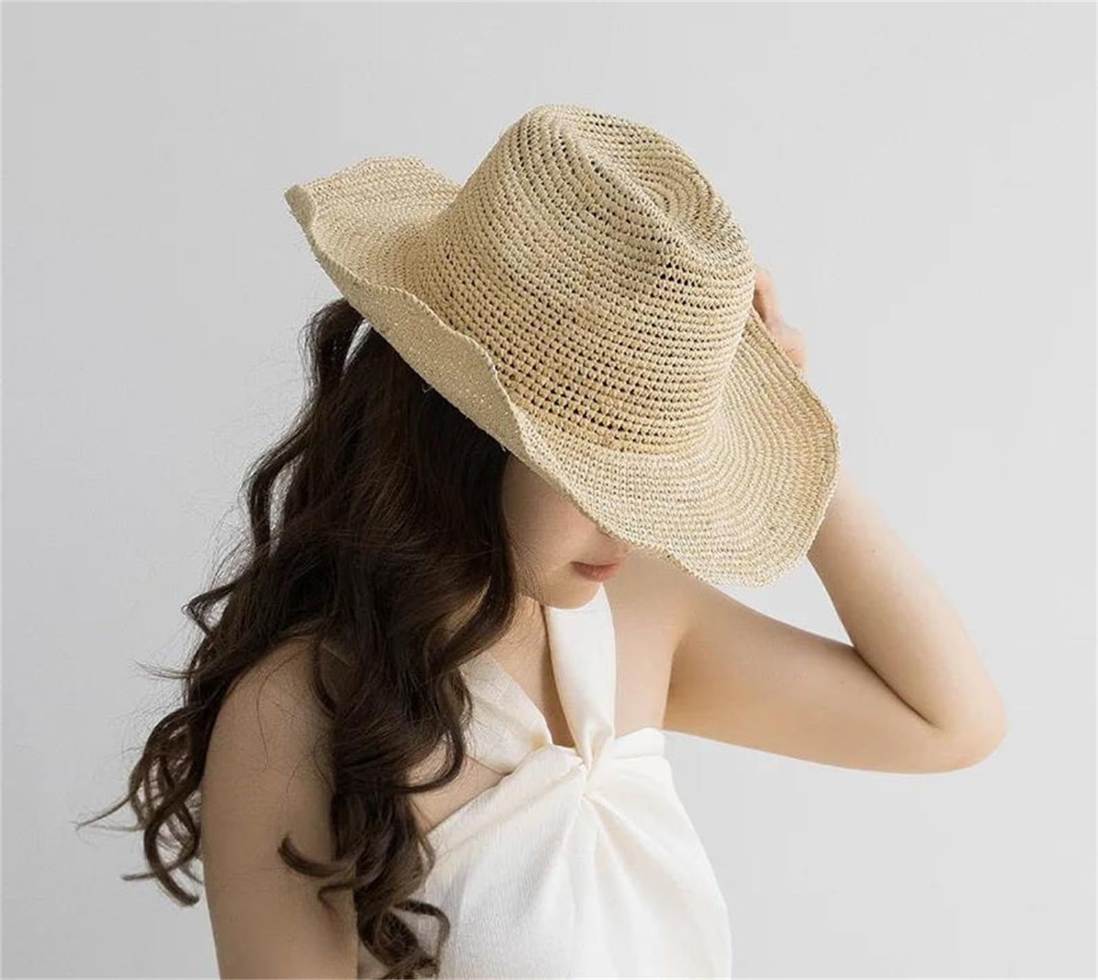 Sombrero de vaquero de rafia de ganchillo informal para primavera y verano para mujer, con ala rizada, sombrero de paja para el sol