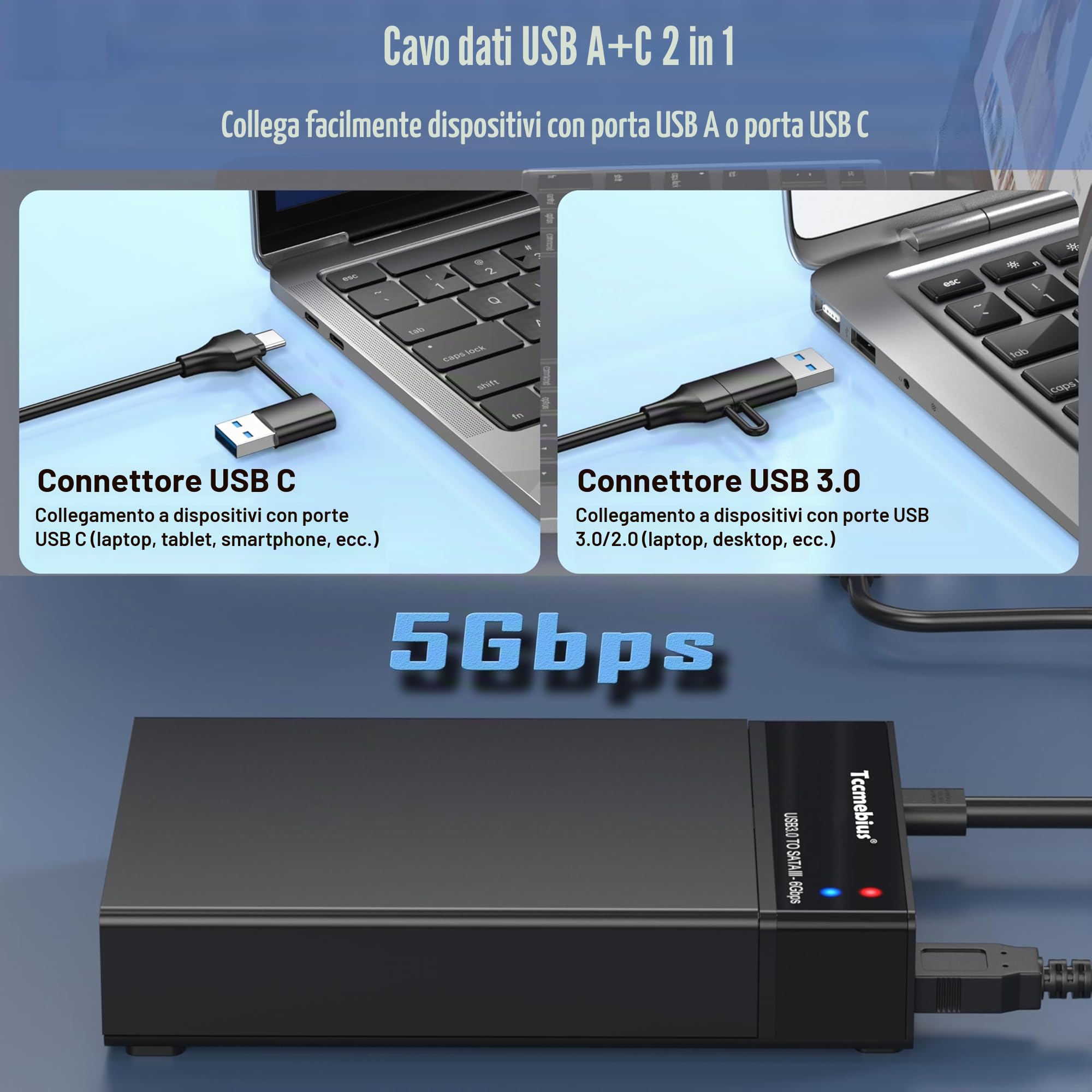 Case Esterno Disco Rigido 3,5 Hard Disk Enclosure USB 3.0 per 2,5/3,5 Pollici SATA HDD SSD Fino a 22TB, con Alimentatore 12V/3A Cavo USB A/C, Supporto UASP Funzione Sonno Automatica (TCC-S8)