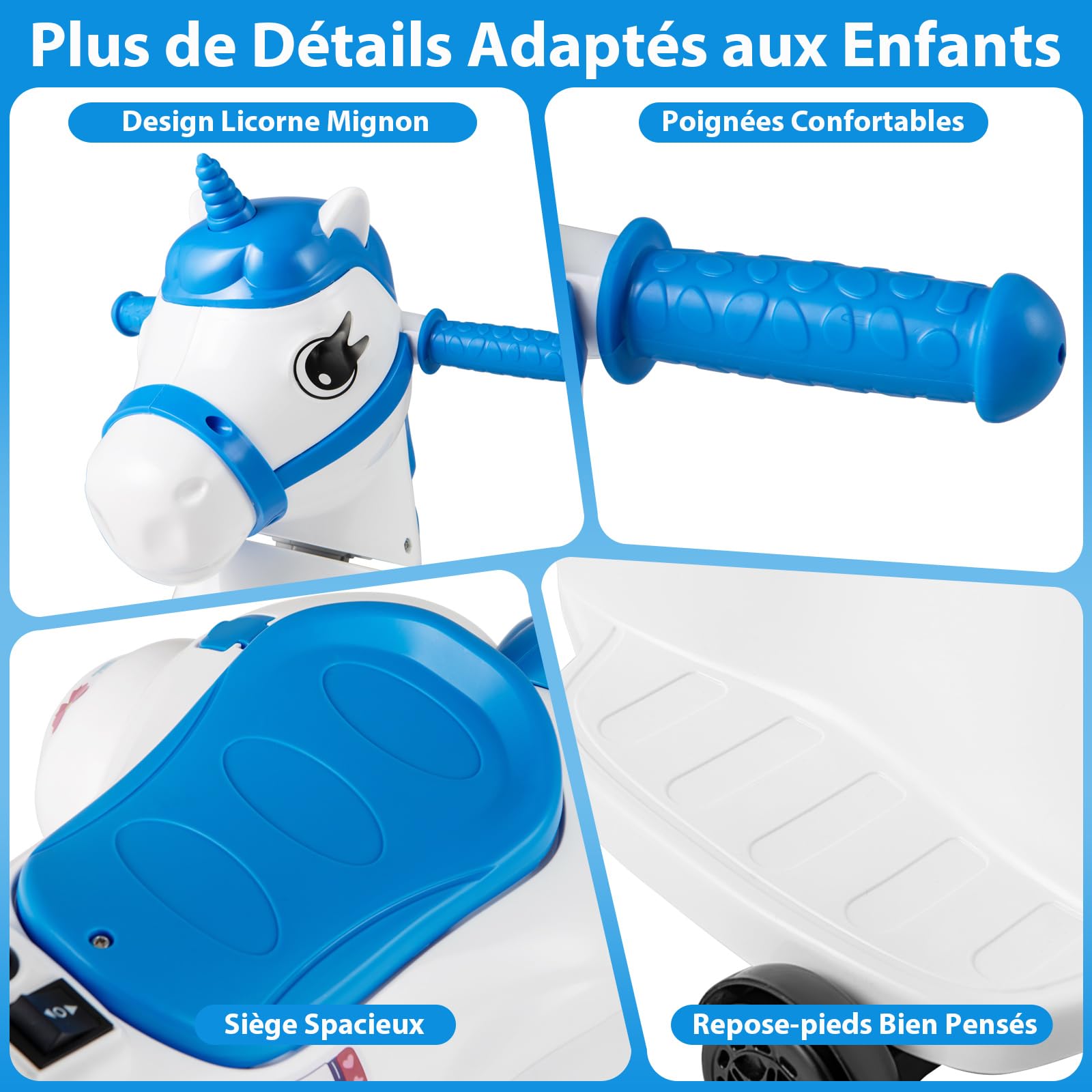 GOPLUS Voiture Porteur à Bascule Licorne 12V Enfants avec 3 Roues et Roues d'Appui, Voiture avec Musique pour Enfants 3 Ans+, Blanc Bleu