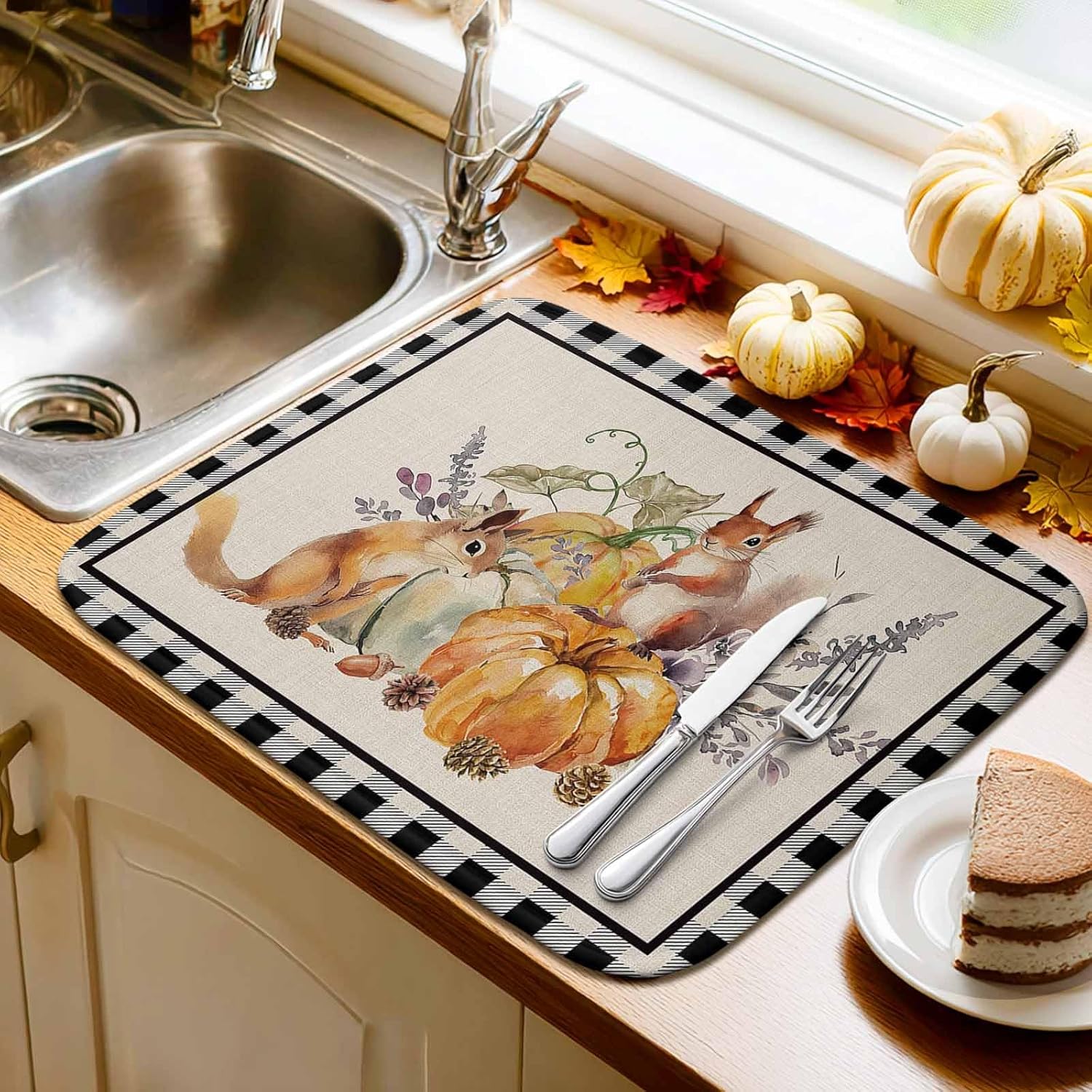 Orange Pumpkin Squirrel Fall Thanksgiving Dish Drying Mats for Kitchen Counter,Absorbent Microfiber Dish Drainer Rack Mat Black Checker Retro Linen Drying Pad for Sinks,Utensils,Countertops,18x24in