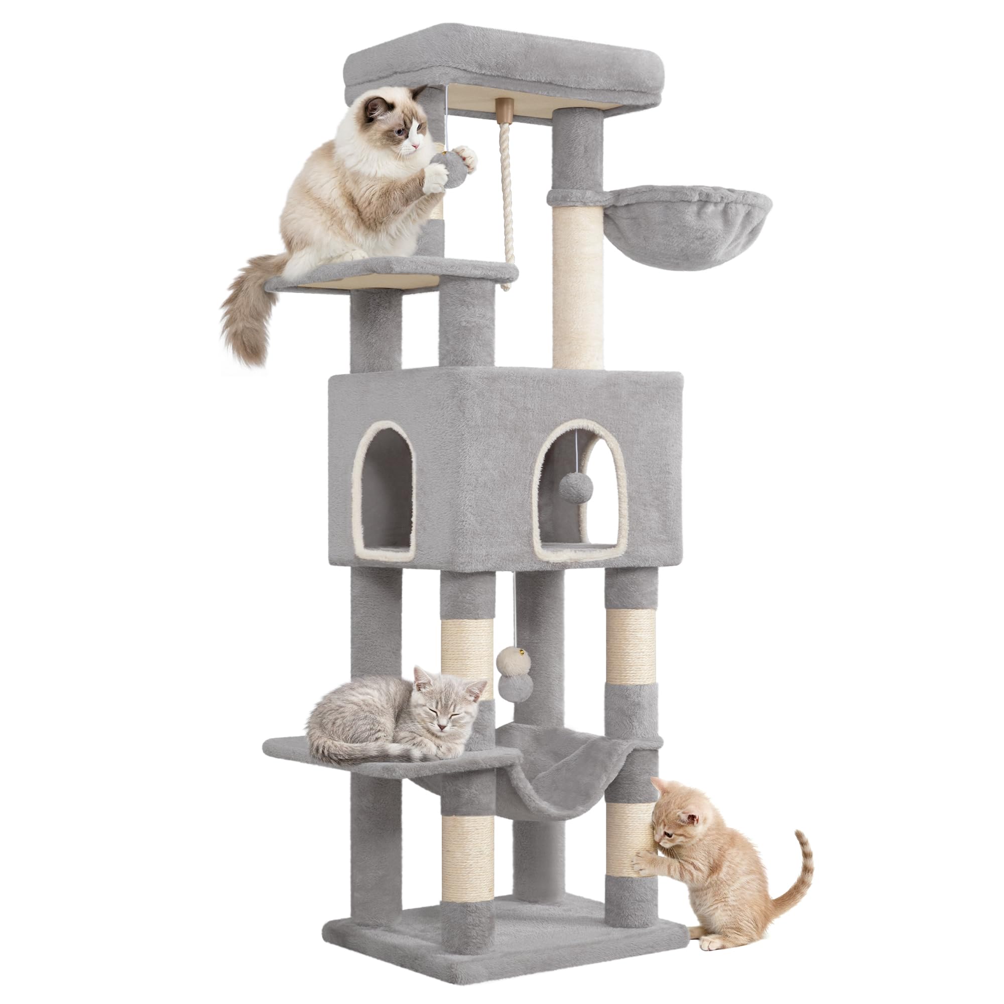 Hzuaneri 162 cm Cat Tree for Indoor Cats, Cat Tower with Large Hiding Cave, Scratching Post with Large Platforms, Multi-Level Cats Activity Center, Sisal Rope, Hammock, Light Grey MS16218LG