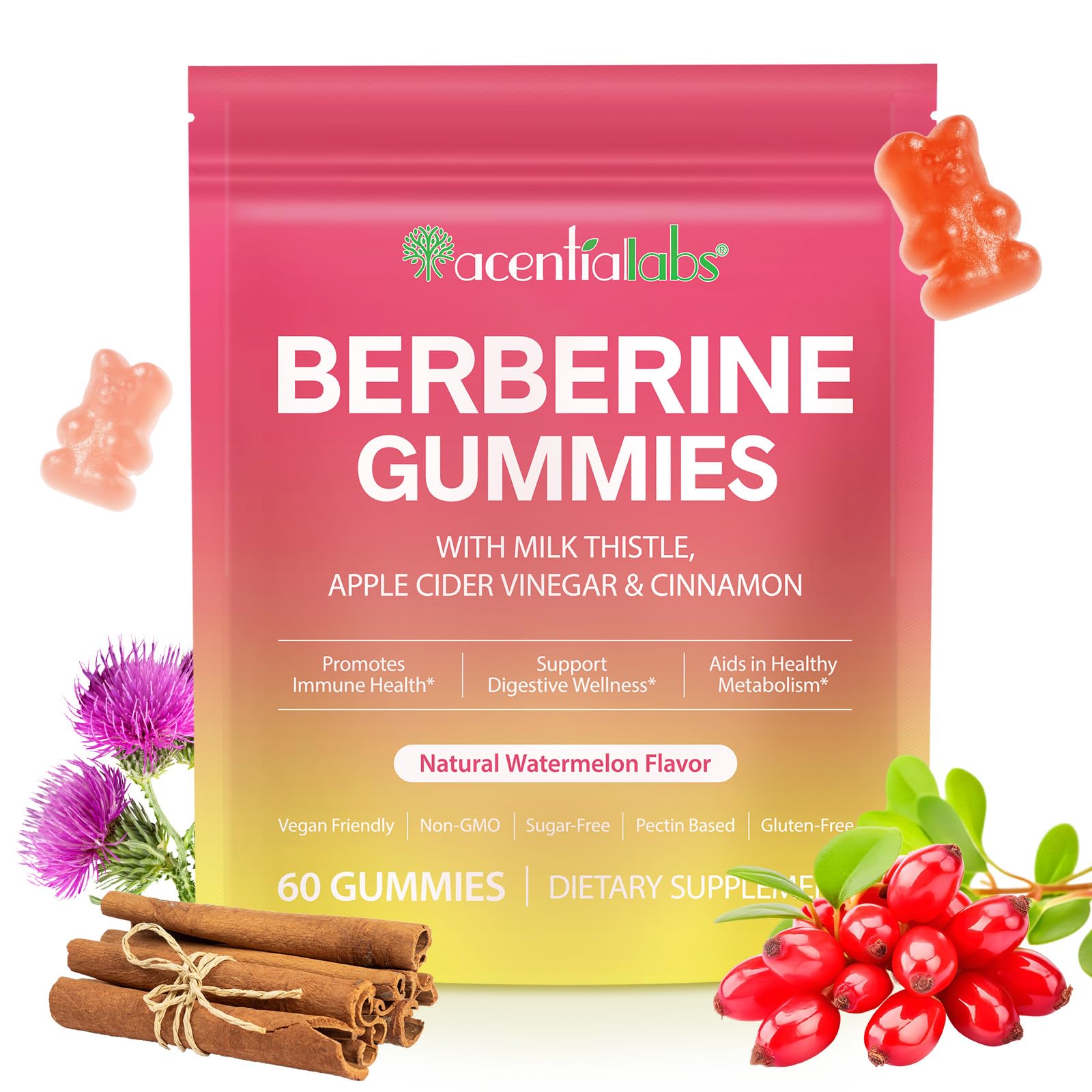 Berberine Gummies with Cinnamon 1000mg Milk Thistle ACV Ampk Organic Berberine Supplement for Immune and Metabolism Energy Gut