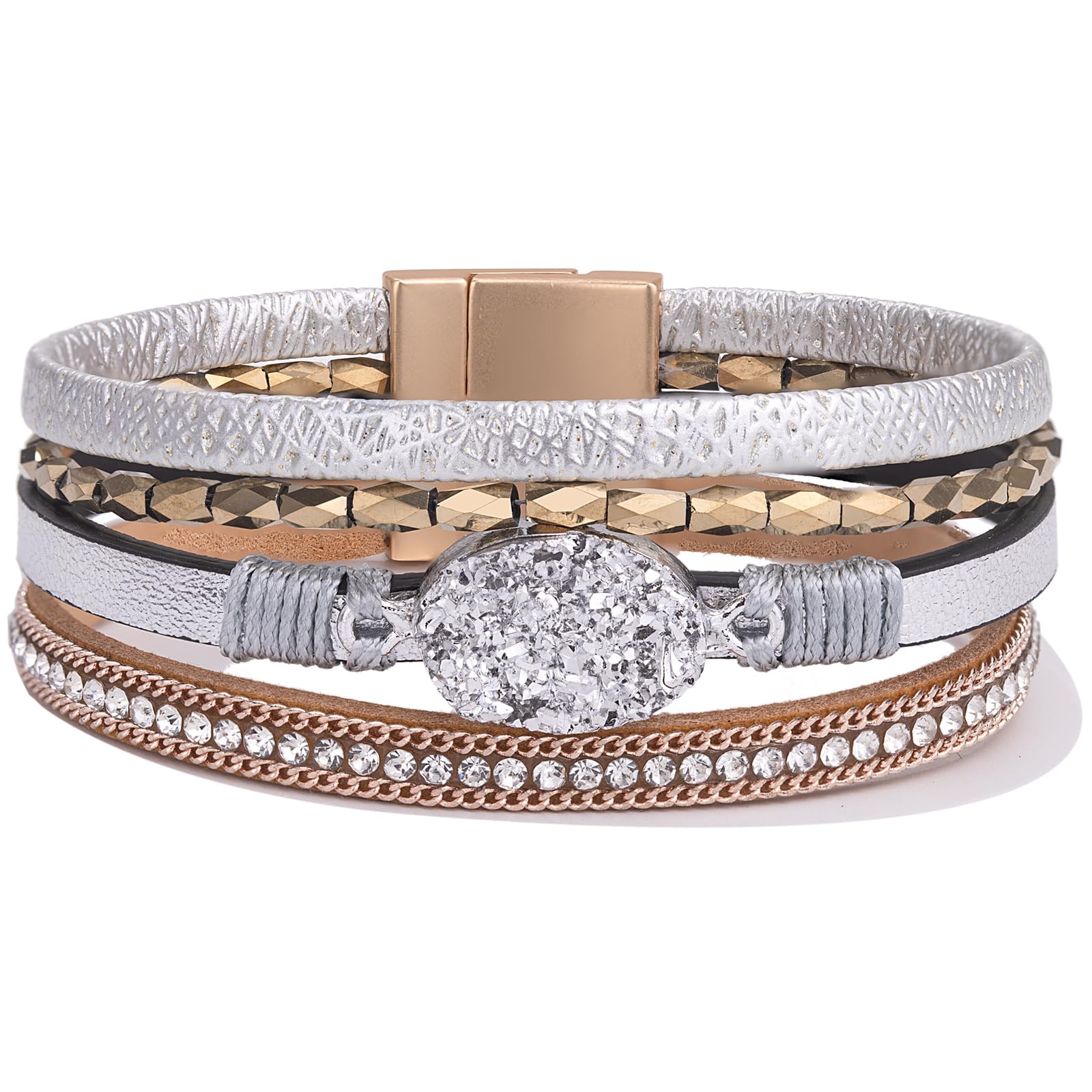 FANCY SHINY Leather Wrap Bracelet Boho Cuff Bracelets Crystal Bead Bracelet with Magnetic Clasp for Women