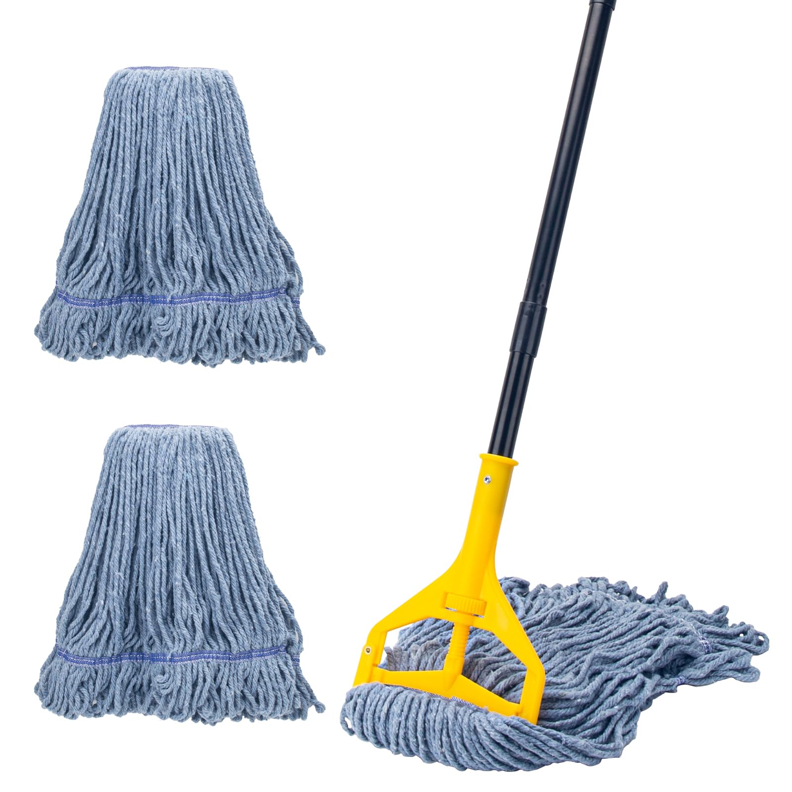 Commercial Industrial Mop with 3 Extra Large Reusable Replacement Head,59" Long Handle Heavy Duty Wet Mops,Looped-End String Cotton Mop for Floor Cleaning,House,Kitchen,Office,Garage,Tile(Yellow)