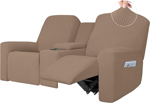 Easy-Going 1 Piece Stretch Reclining Loveseat with Middle Console Slipcover, 2 Seater Loveseat Recliner Cover with Holder and Storage, Recliner Couch Sofa Cover, Furniture Protector Camel | Stretch 2 Seater Loveseat Recliner Cover with Holder and Storage, Recliner Couch Sofa Cover, Furniture Protector Camel