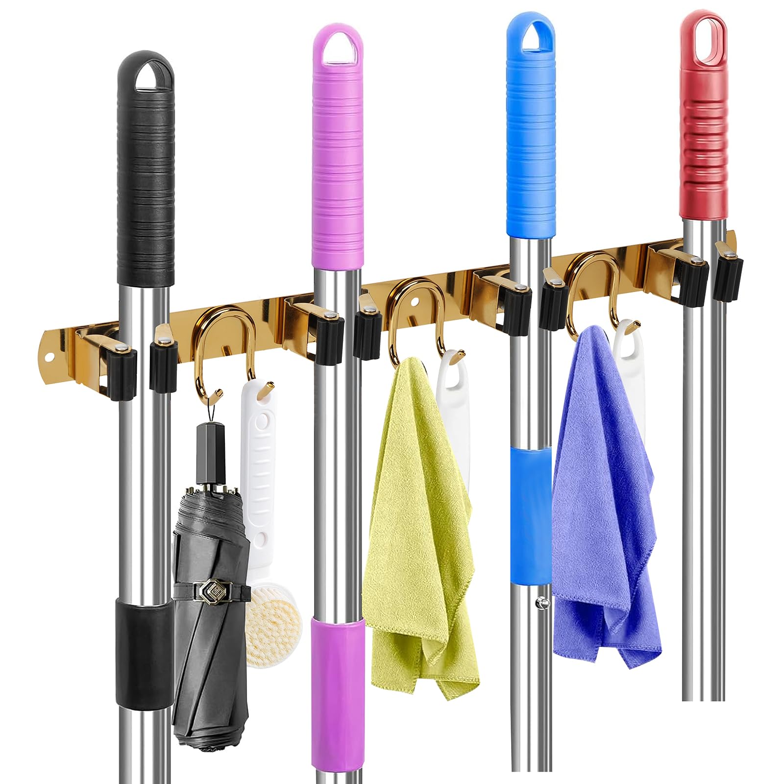 Soporte de pared para escoba, organizador de almacenamiento de herramientas de acero inoxidable dorado para cocina, jardín, garaje, lavandería, baño y caravana, con 4 ranuras, 6 ganchos