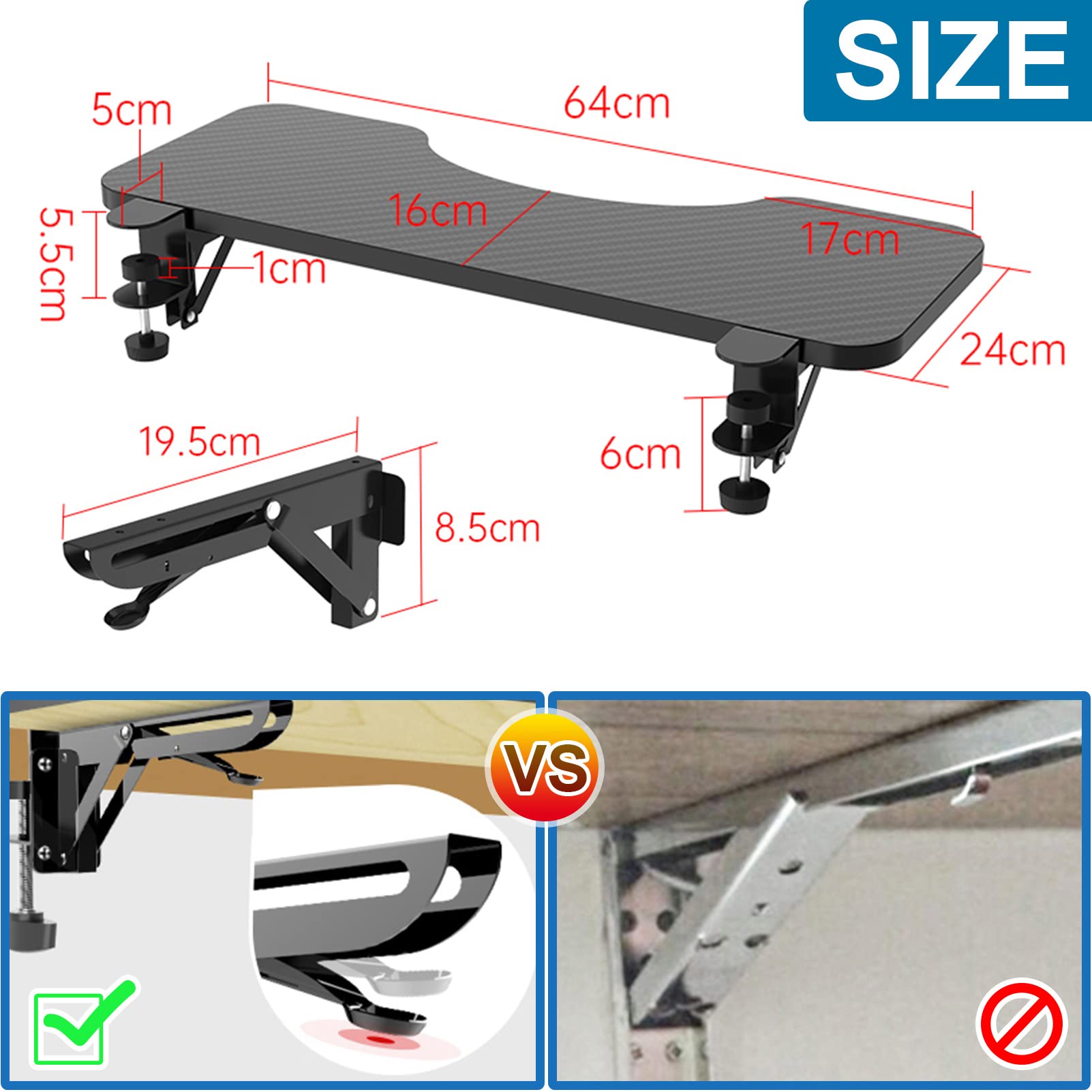 Vassoio per tastiera regolabile con supporto a gomito Supporto pieghevole sotto la scrivania salvaspazio per scrivanie piccole 75 x 24 cm Design ergonomico per comfort ed efficienza.