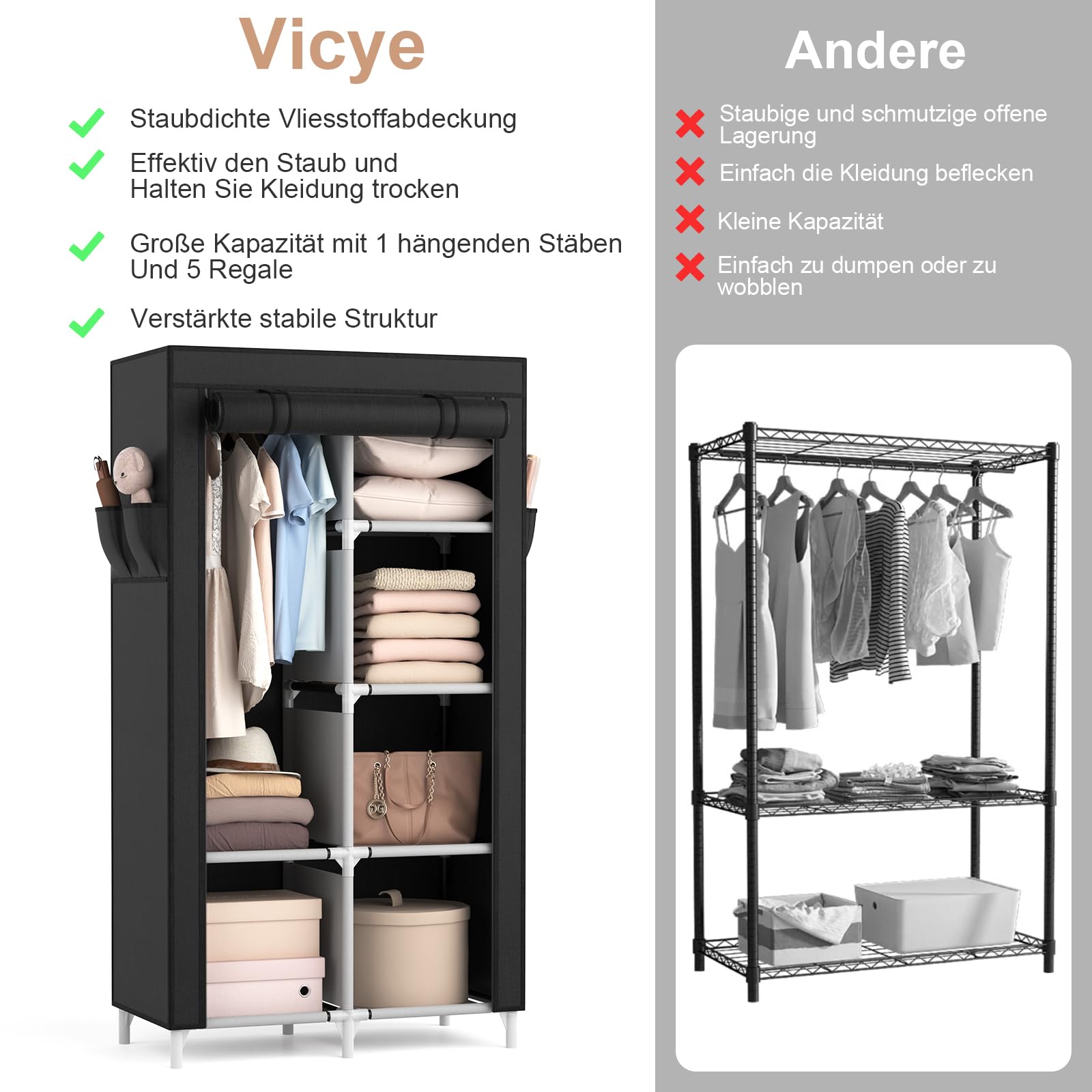 Vicye Kleiderschrank, Stoffschrank mit Kleiderstange, 6 Ablagen, 4 Seitentaschen und Überzug, Kleiderschränke Stabil für Schlafzimmer Ankleidezimmer (Schwarz, 84 x 42 x 162 cm)