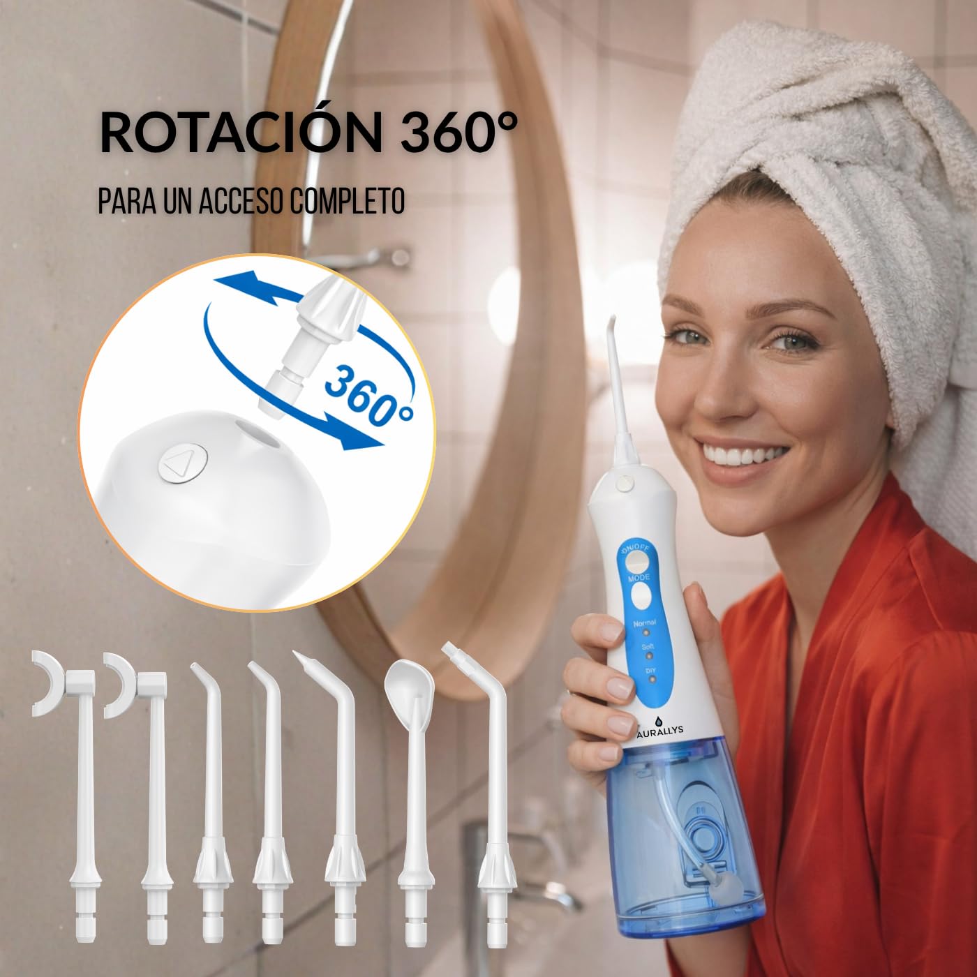Irrigador Bucal Inalámbrico Aurallys, IPX7 Impermeable, Incluye 7 Boquillas, Batería 2000mAh, Tanque 280ml, 3+DIY Modos, con Modo Personalizable (Azul y Blanco)