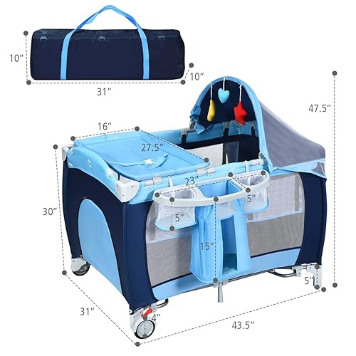 Miniatura 4 de HOMGX Pack and Play On The Go Playard, 3 en 1 para interiores y exteriores, multifuncional, plegable, moisés para viajes, con música, toldo, tapete