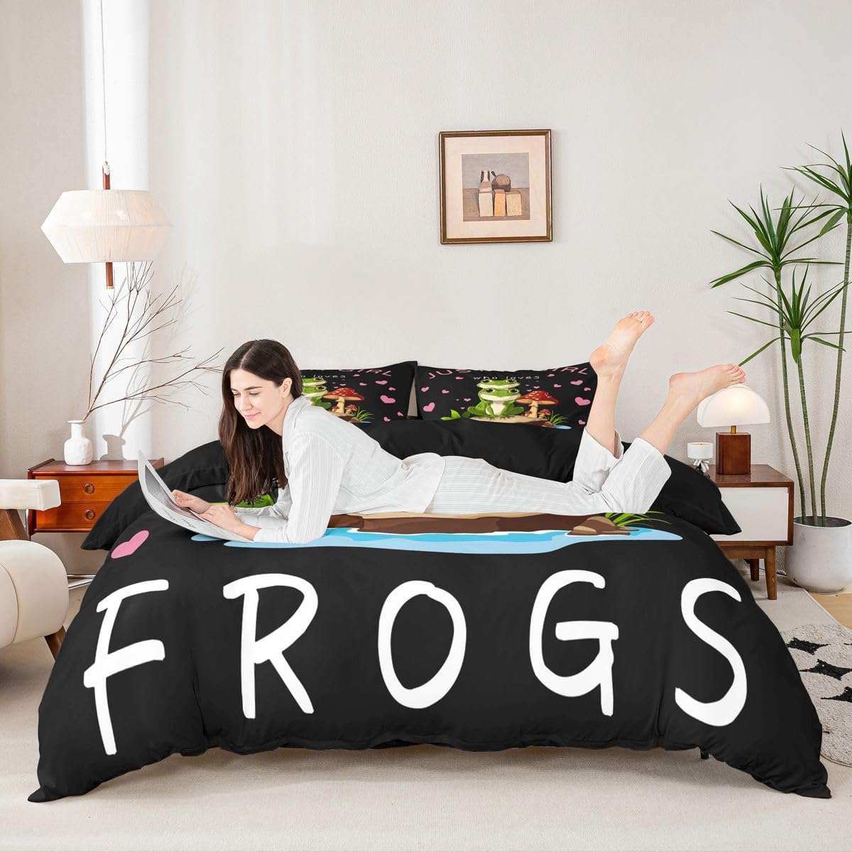 Feelyou Cute Frog Pattern Bedding Set Cartoon Frog Mushroom Print Comforter Cover for Kids Boys Girls Teens 3D Animals Theme Duvet Cover Breathable Bedspread Cover Room Decor Quilt Cover Twin Size