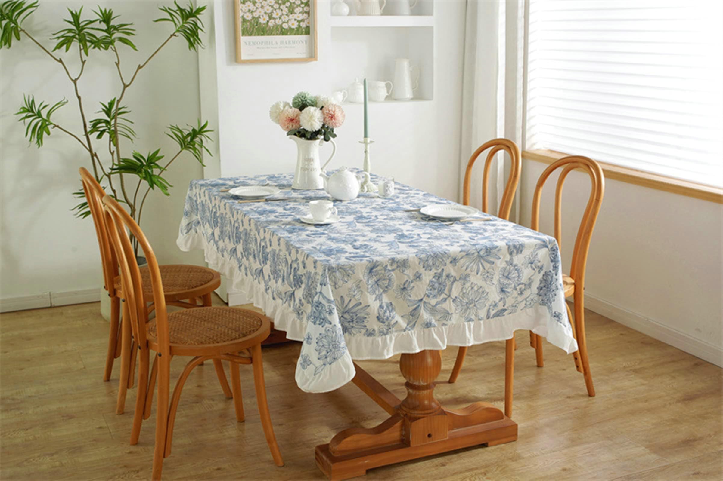 Gualiy Tischtuch Quadratisch, Tischdecke 100x140CM Baumwolle Tischdecke Abwaschbar Waschbar Stickerei Blume Tischdecken für Esstisch, Blau Weiß
