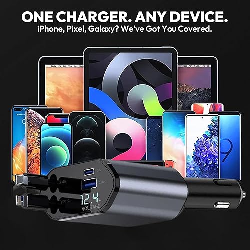 Miniatura 2 de Cargador retráctil para automóvil de 120 W, cable USB-C y Lightning 4 en 1, adaptador de carga rápida para iPhone 16/15/14, Samsung, Android, puerto