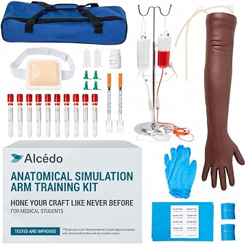 Alcedo Phlebotomy Practice Kit, Complete Venipuncture and Injection IV Practice Essentials, Realistic Training Arm with Stand & Carry Bag, Dark Arm, for Medical Students & Educational Use Only