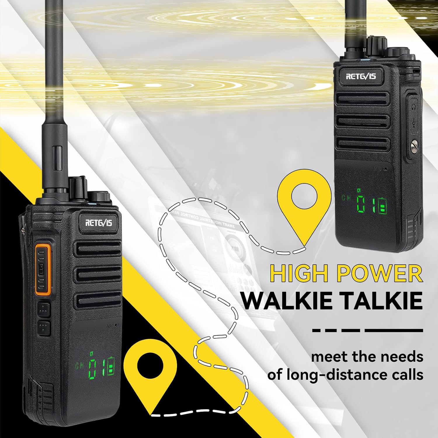 Retevis RB689 Walkie Talkie shown with a rugged, solid case, highlighting its durability and resistance to drops.