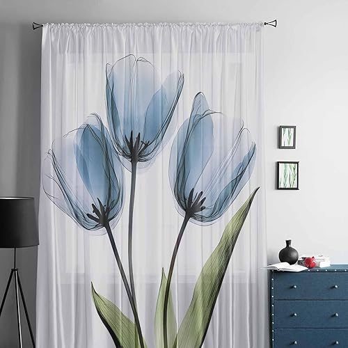 Miniatura 5 de Cortinas traslúcidas florales de tulipán azul, 84 pulgadas de largo, panel de cortina de gasa con estampado de flores botánicas filtrantes de luz,