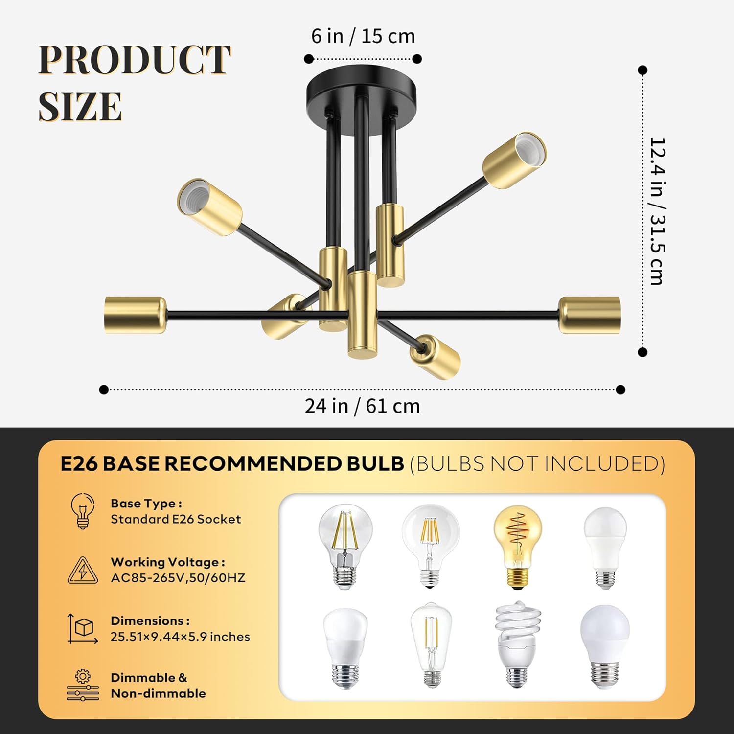 Modern Sputnik Chandelier Ceiling Light Fixtures, 6-Lights Mid Century Industrial Metal Semi Flush Mount Lamp for Bedroom Dining Room Living Room Kitchen Hallway Office-Black and Gold Black and Gold?6-Light?