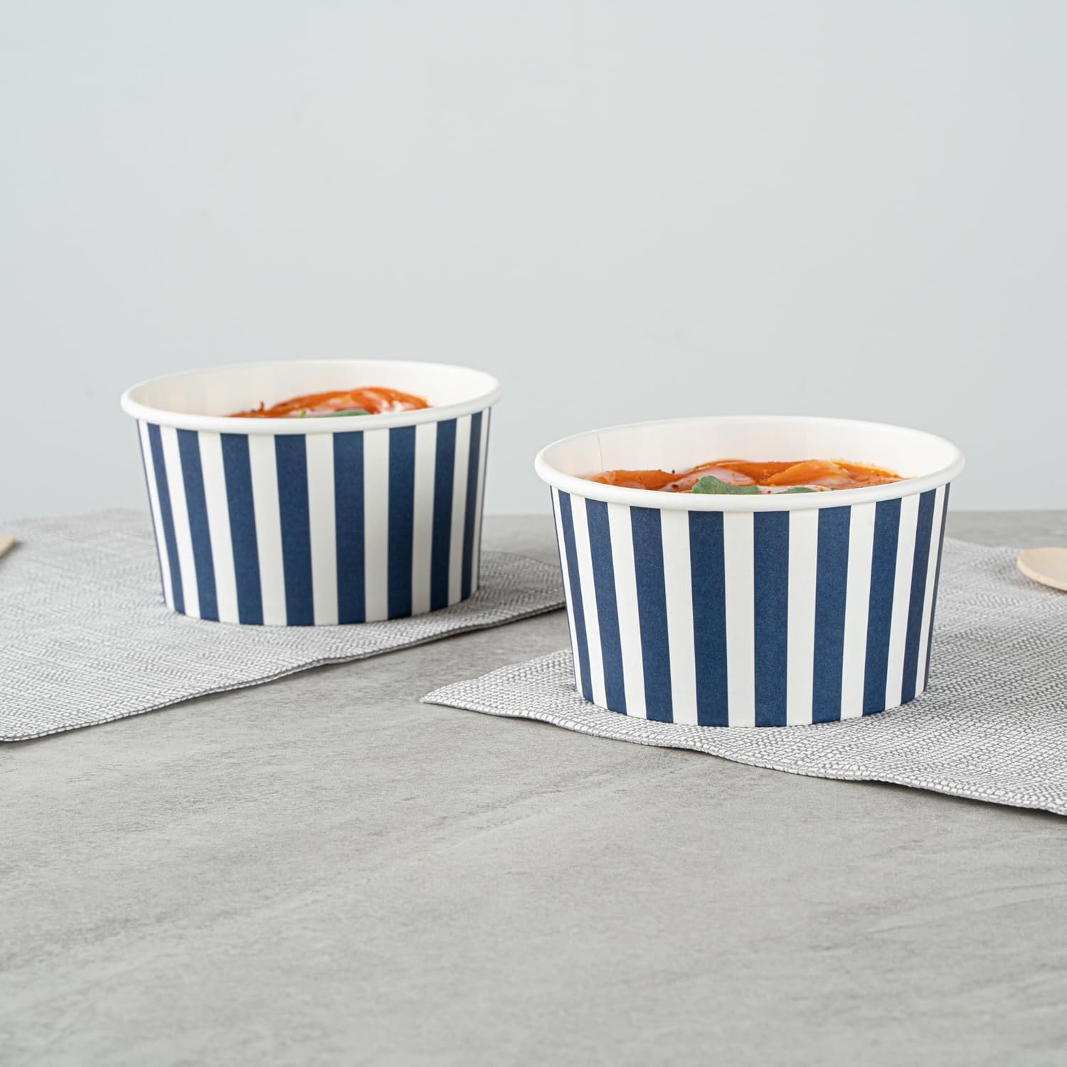 Restaurantware Coppetta 8 Ounce Dessert Cups, 200 Disposable Ice Cream Cups - Lids Sold Separately, Sturdy, Blue And White Paper FroYo Bowls, Striped, For Hot And Cold Foods, Perfect For Gelato
