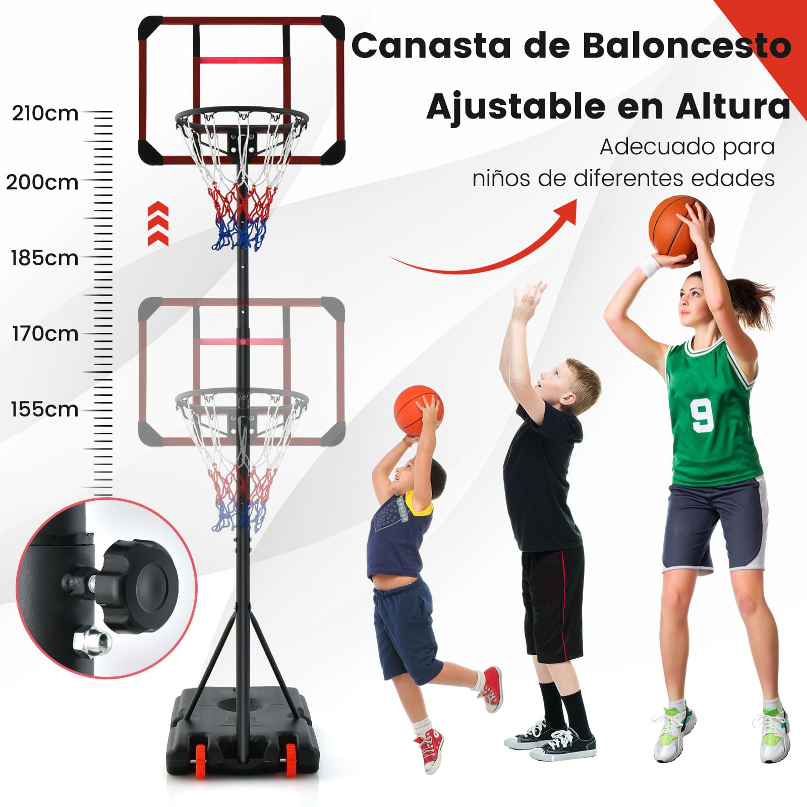 COSTWAY Canasta de Baloncesto Altura Ajustable 193-248 cm Rellenable de Arena y Agua Móvil con Ruedas Portátil PC Interior Exterior