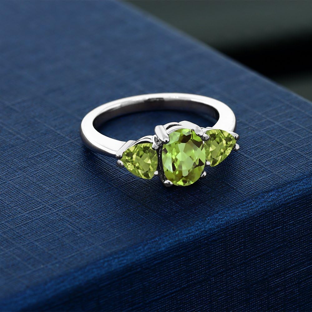 Gem Stone King 925 Sterling Silver Green Peridot 3-Stone Ring for Women (2.11 Cttw, Oval 8X6MM, Gemstone Birthstone)