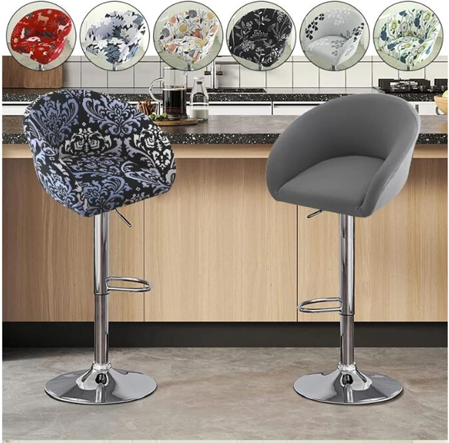 Bar Stools Cover, Short Back Chair Cover, Printed Swivel Chair Slipcovers With Back, Stretch Bar Stool Chair Slipcovers With Round Backs Arms Curved Accent ,Counter Bar Stool Cover For Armchair,Kitche