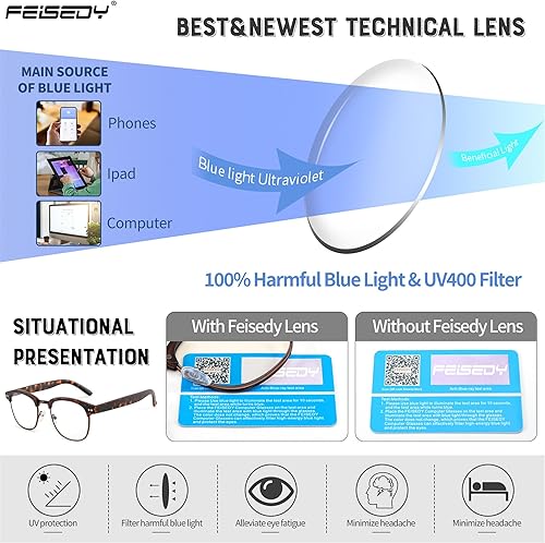 Miniatura 6 de FEISEDY Gafas de lectura clásicas medio marco retro semi-montura transparente lente azul bloqueo luz azul B0005